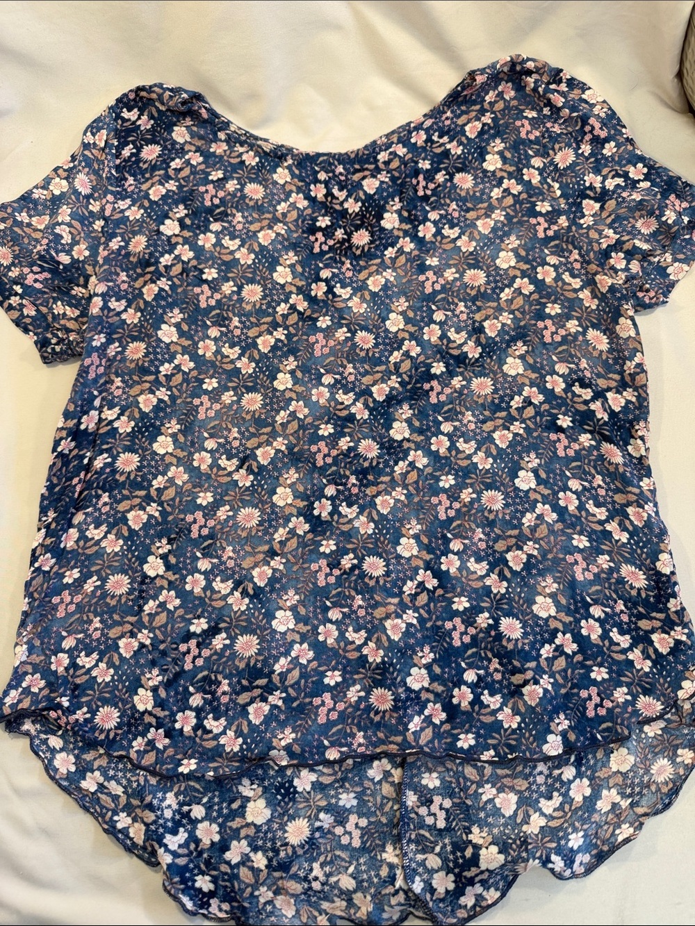 Navy Floral Short-Sleeve Blouse with Pink & Cream Flowers
